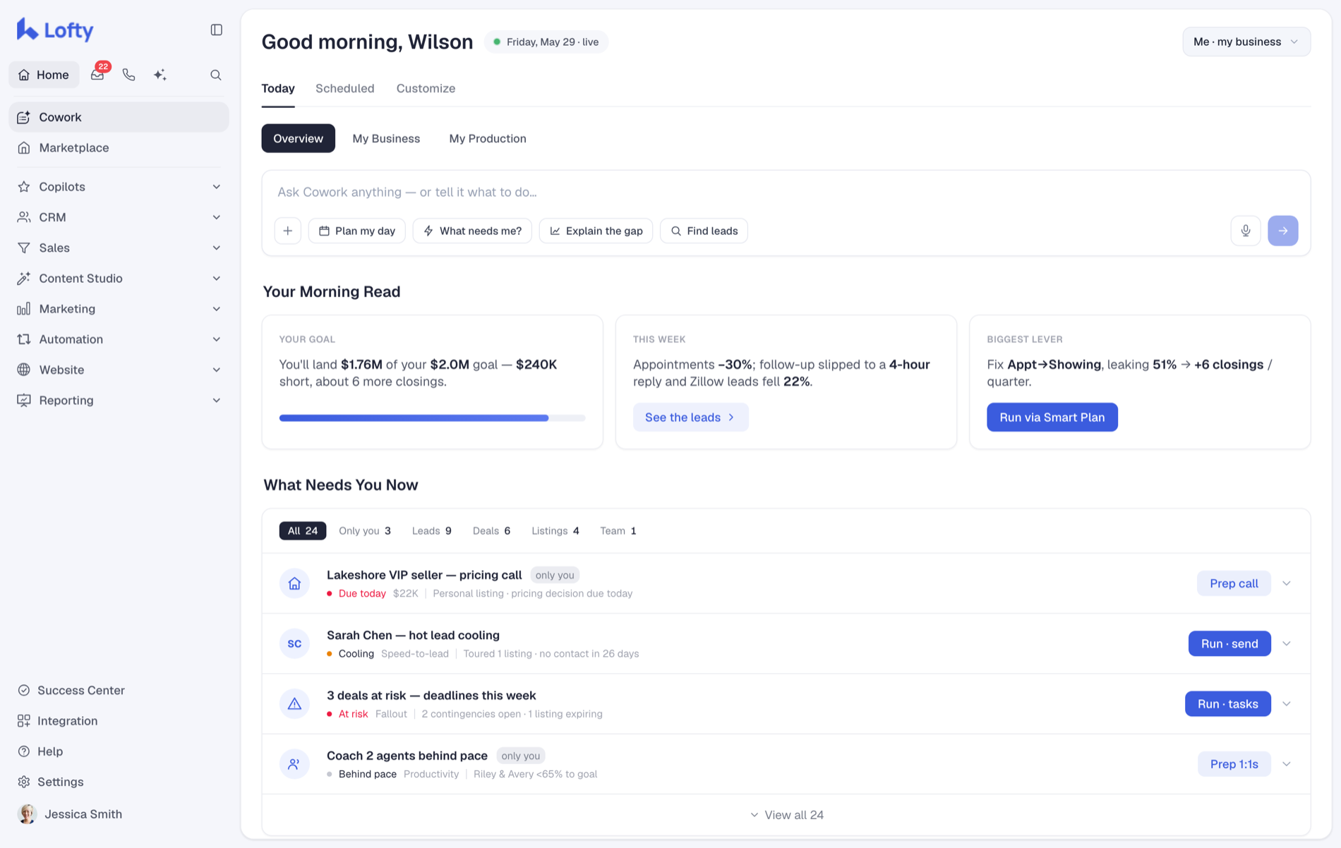 Lofty CRM Cowork dashboard — the AI workspace that turns your expertise into content generative engines quote